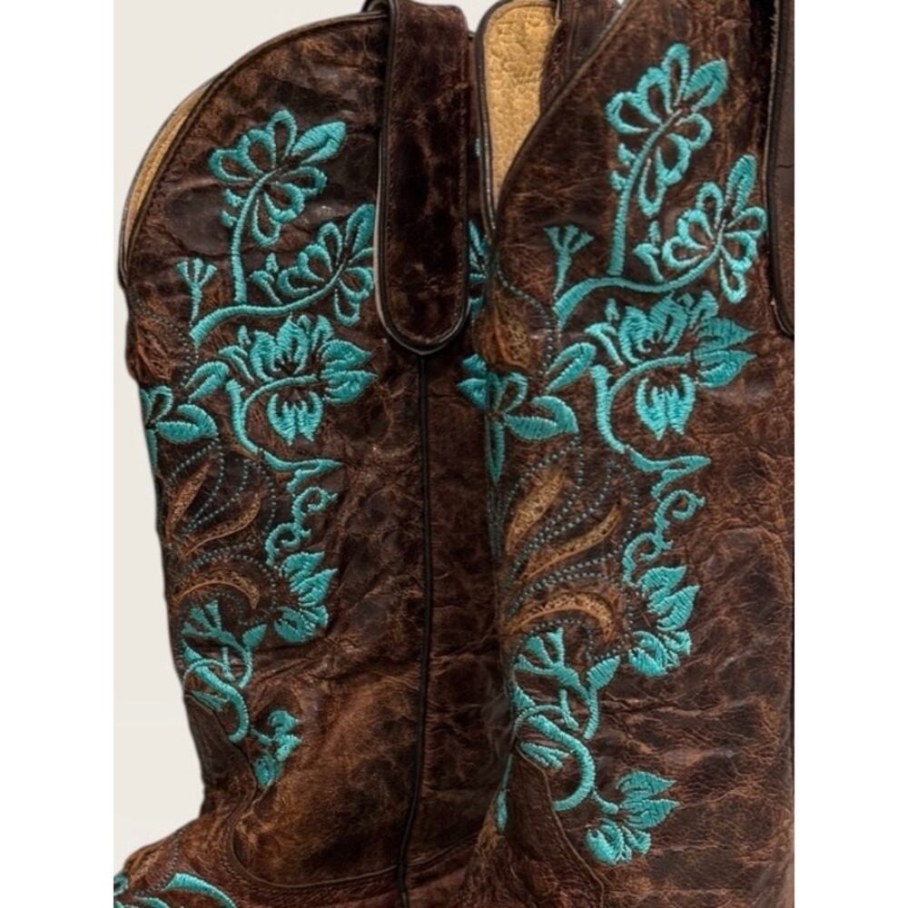 Cavender’s Women’s Brown Leather Turquoise Floral Embroidered Cowboy Boots 8M - Picture 11 of 12
